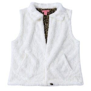 Betsey Johnson Y2K White Faux Fur Vest Cheetah Lined Sequin XL